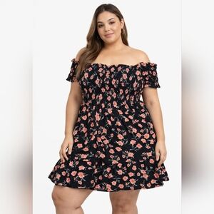 SHEIN Curve Floral Off Shoulder Dress Black Pink 0XL